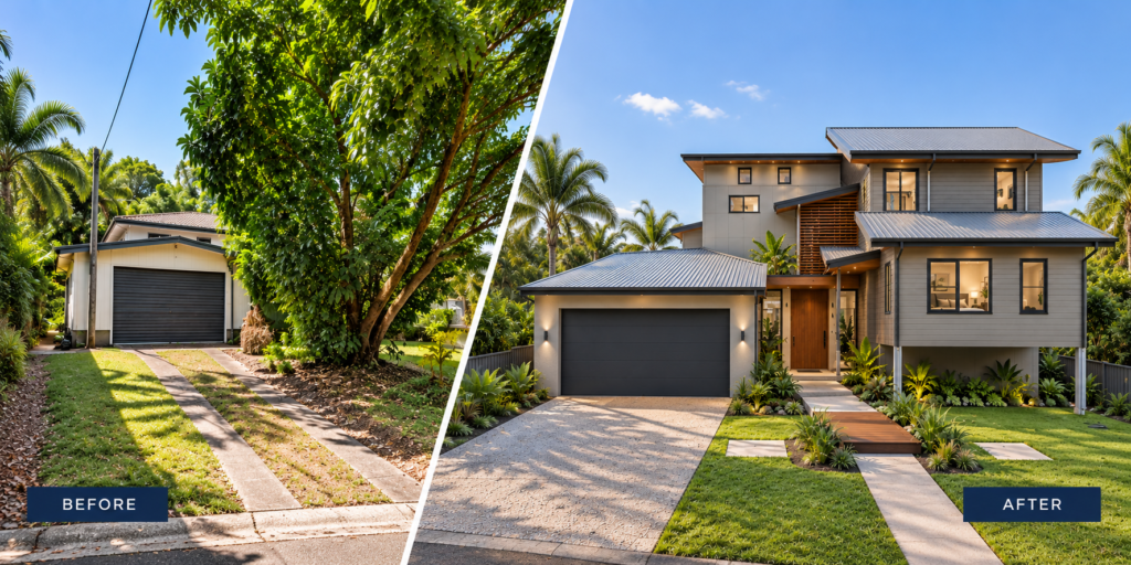 Before and after concept knock down rebuild home by Neater Homes Cairns